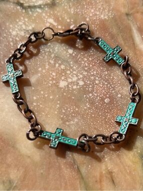 Vintage Copper Turquoise Cross Charm Bracelet